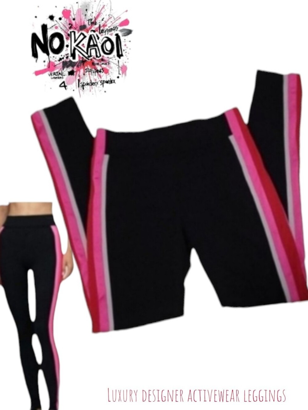 NO KA'OI Women's vertical leggings Luxury Pants Black Pink Color block spandex 2